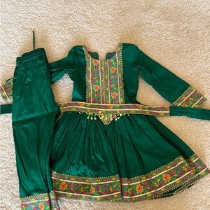 Girls Green Embroidered Traditional Indian Dress & Pants